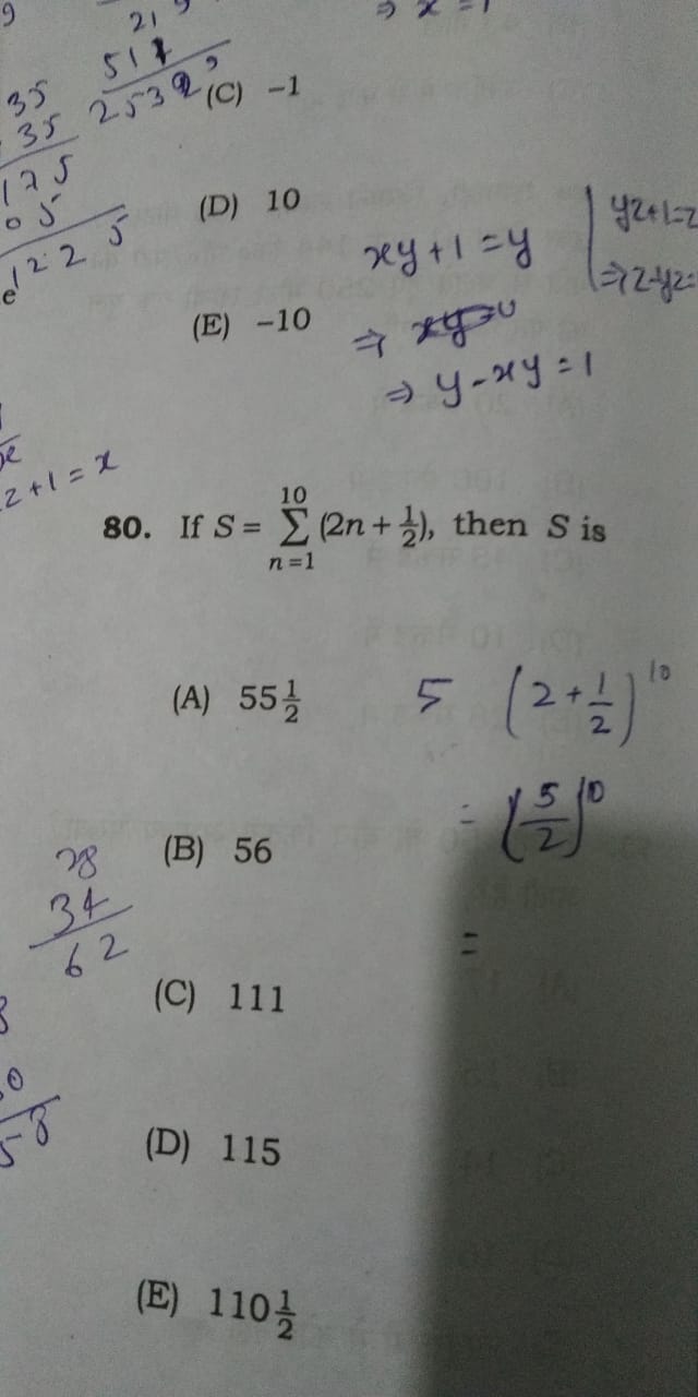 Question image for if s=sigma n belongs to 1 to 10 (2n+1/2) them S i